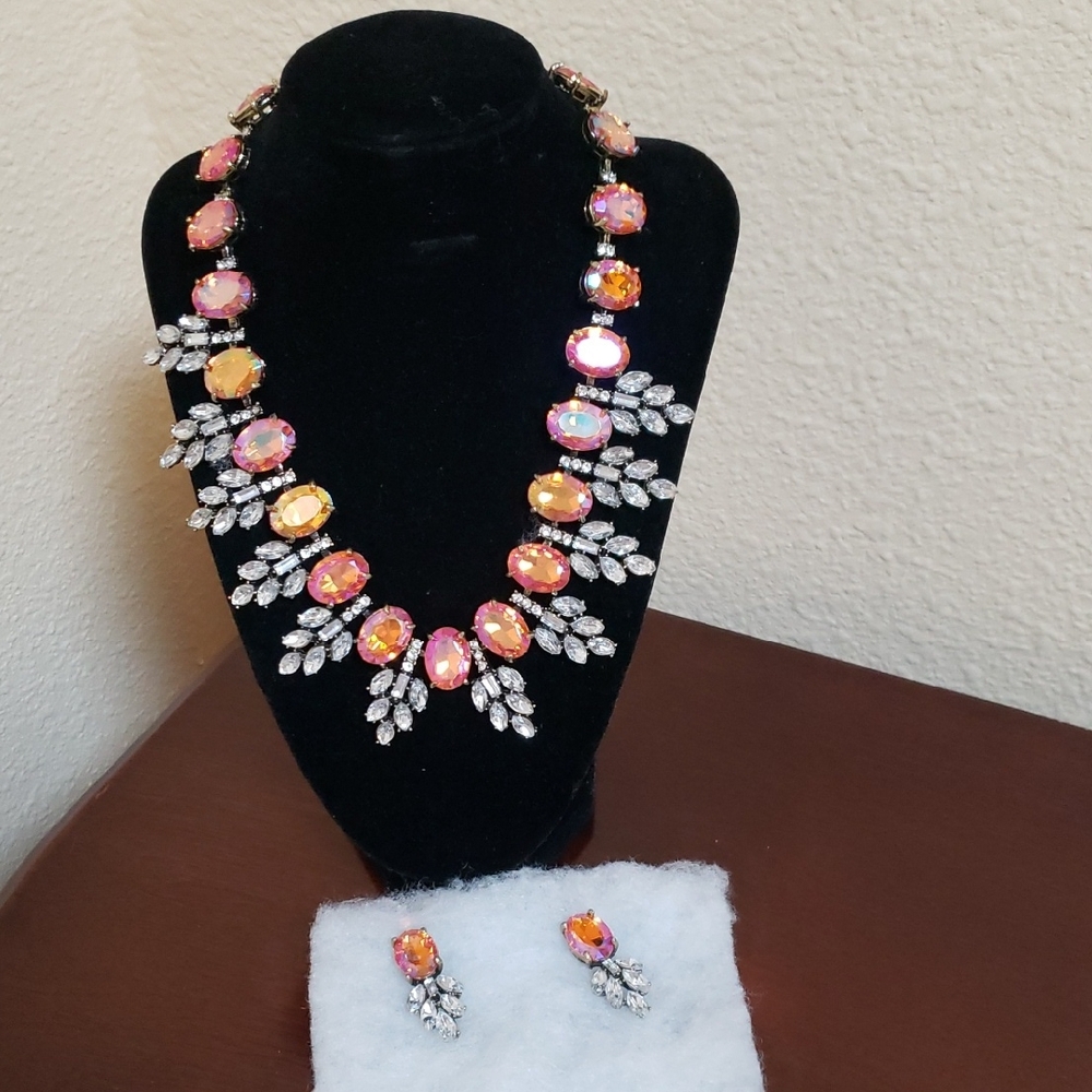Statement Pink-Orange Crystal Necklace and Earring Set